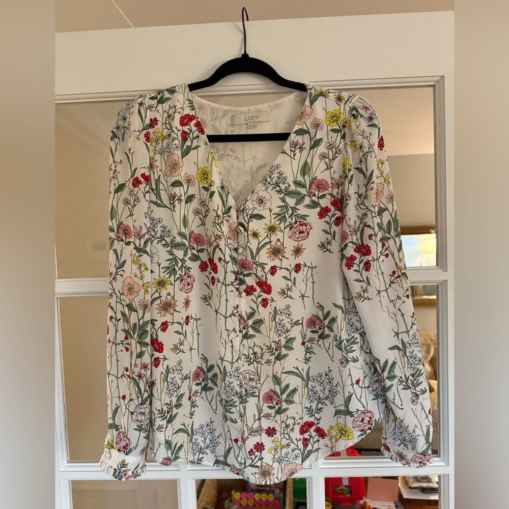 LOFT Floral V-Neck Blouse - White with Red, Yellow, Green